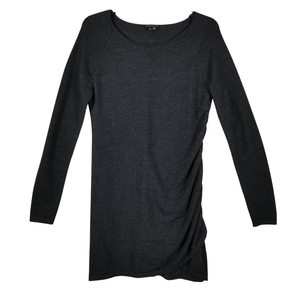 Theory Womens Charcoal Gray Wool Blend Side Ruched Long Sleeve Knit Dress L